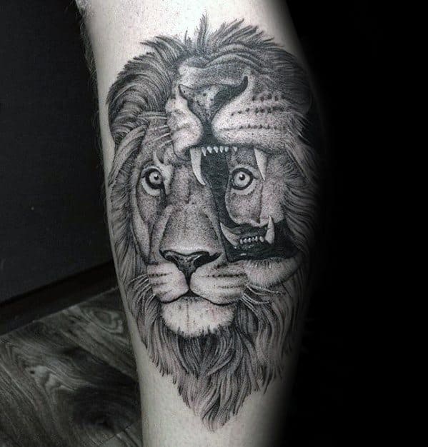 Glitch tattoo of a lion's face split into calm and roaring expressions, merging realism with fragmented visual distortion