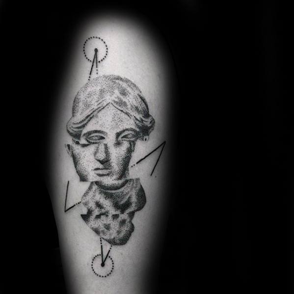 Dotwork glitch tattoo of a fragmented classical bust with geometric arrows and circles, blending antique style with modern abstraction