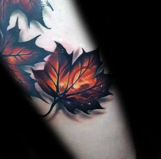 Guys Glowing Fall Leaf Forearm Tattoo