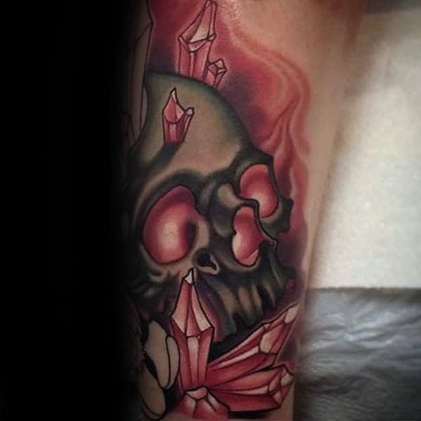 Guys Glowing Red Ink Crystal Skull Leg Tattoo