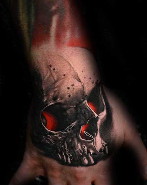 Guys Glowing Red Skull 3d Hand Tattoo Designs