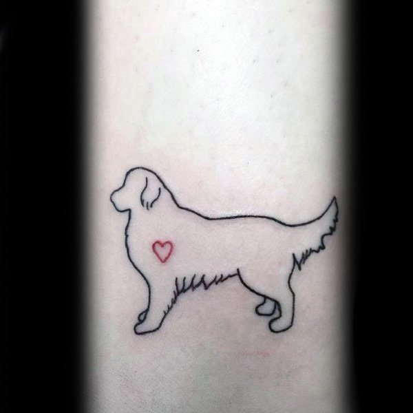 Minimalist Golden Retriever outline tattoo on the wrist, featuring a small red heart on the chest for a simple yet meaningful design.