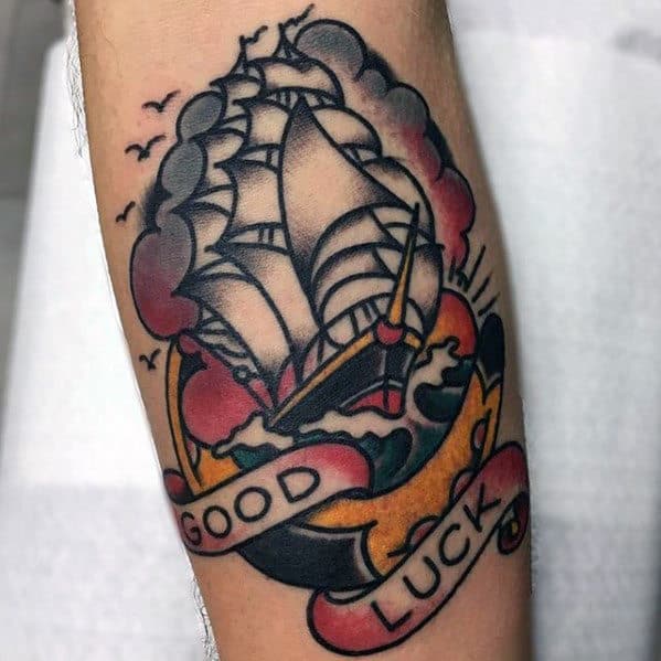 Guys Good Luck Sailing Ship Horseshoe Old School Traditional Forearm Tattoo