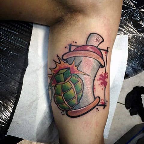Guys Graffiti Spray Paint Can With Grenade Tattoo On Bicep