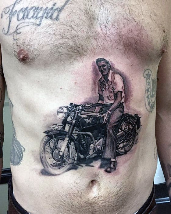 Guys Grandfather Riding Motorcycle Hyper Realistic Chest Tattoo