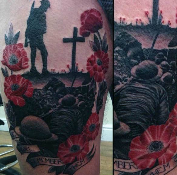 Guys Grave Battlefield Memorial Poppy Tattoos On Thigh Of Leg