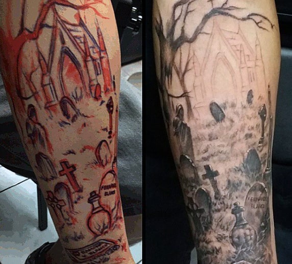 Cemetery-themed tattoos on legs with gravestones, gothic church, and eerie graveyard