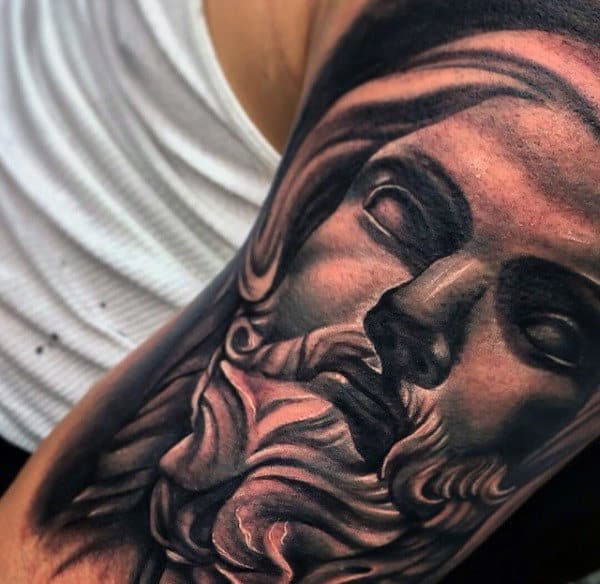Guys Greek God Modern Black And Grey Upper Arm Tattoo