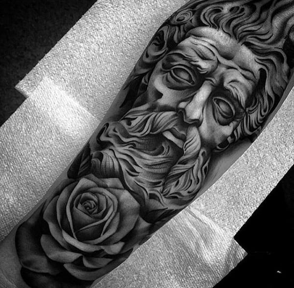 Guys Greek God Rose Flower Forearm Sleeve Tattoos