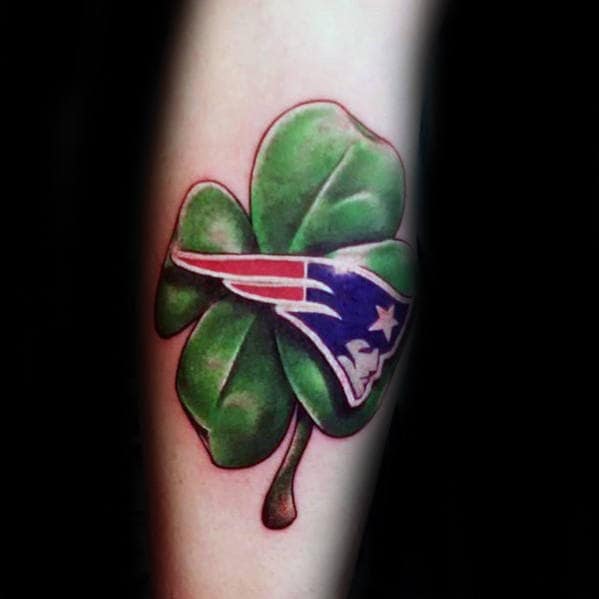 Guys Green Four Leaf Clover With New England Patriots Symbol Leg Calf Tattoo