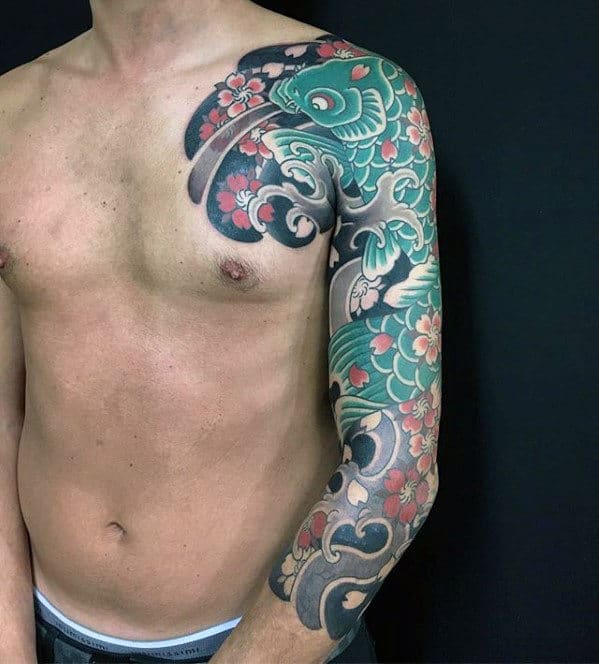 Guys Green Koi Fish With Flowers Japanese Sleeve Tattoo