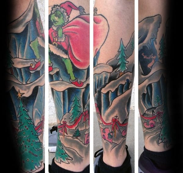 Grinch sneaking with a sack, surrounded by snowy trees and gifts, in a vibrant and festive tattoo design full of bright reds, greens, and blues.