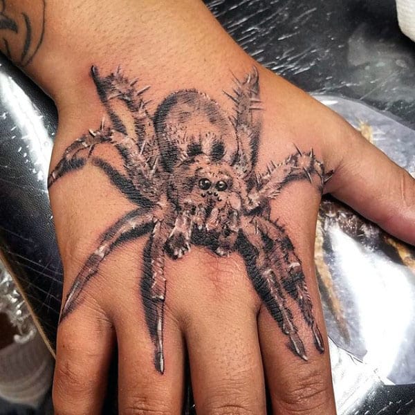 Guys Hairy Tarantula Hand Tattoo Ideas