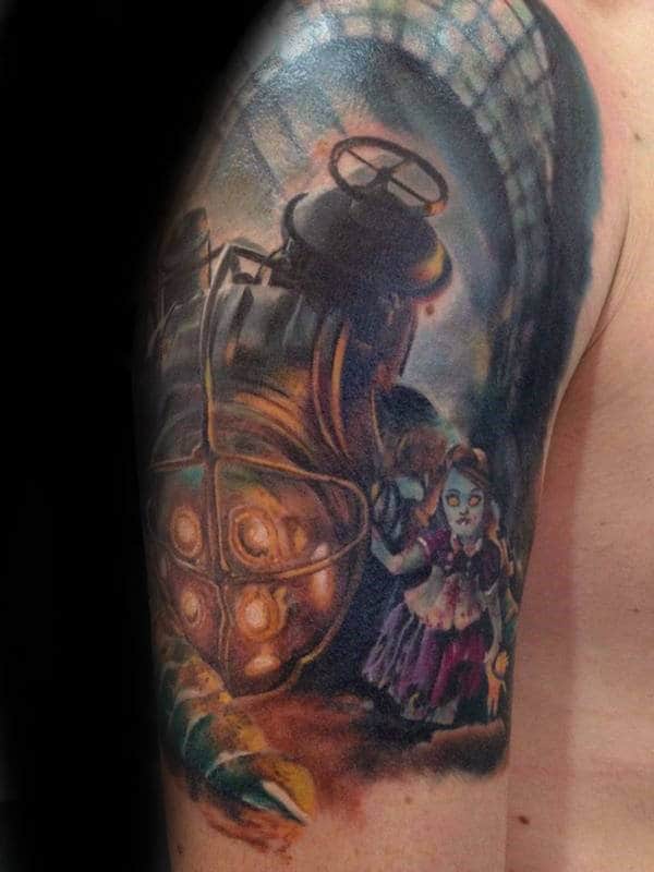 Guys Half Sleeve Bioshock Themed Tattoo Ideas