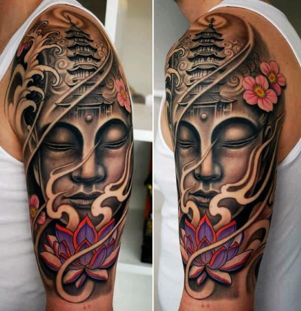 Guys Half Sleeve Buddha With Purple Lotus And Temple Tower Tattoo
