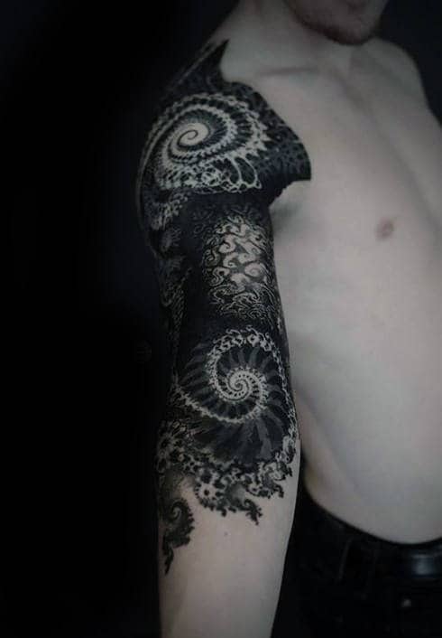Guys Half Sleeve Factal Black Ink Tattoo Design Ideas