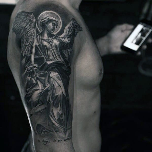 Guys Half Sleeve Guardian Angel Tattoo In Black Ink