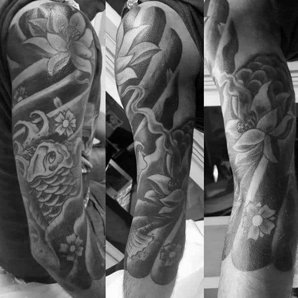 Guys Half Sleeve Heavily Shaded Water Lily With Koi Fish Japanese Tattoo