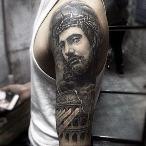 Guys Half Sleeve Jesus Tattoo Inspiration