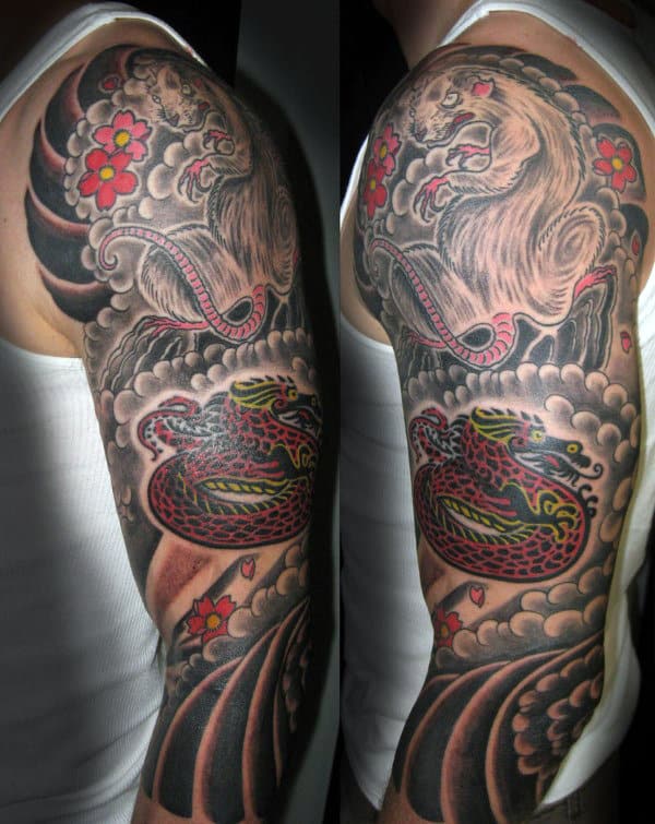 Guys Half Sleeve Rat And Snake Tattoo Designs