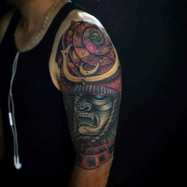 Guys Half Sleeve Samurai Mask Traditional Tattoo