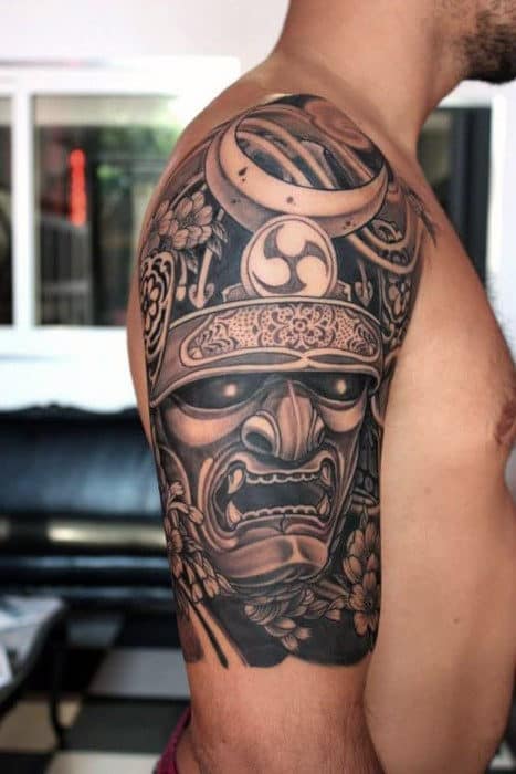 Guys Half Sleeve Shaded Samurai Mask With Half Moon Tattoo