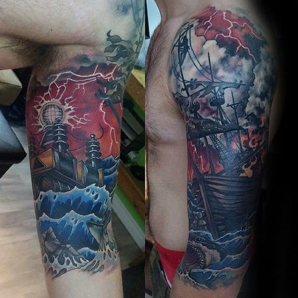 Guys Half Sleeve Ship At Sea Thunderstorm Tattoos