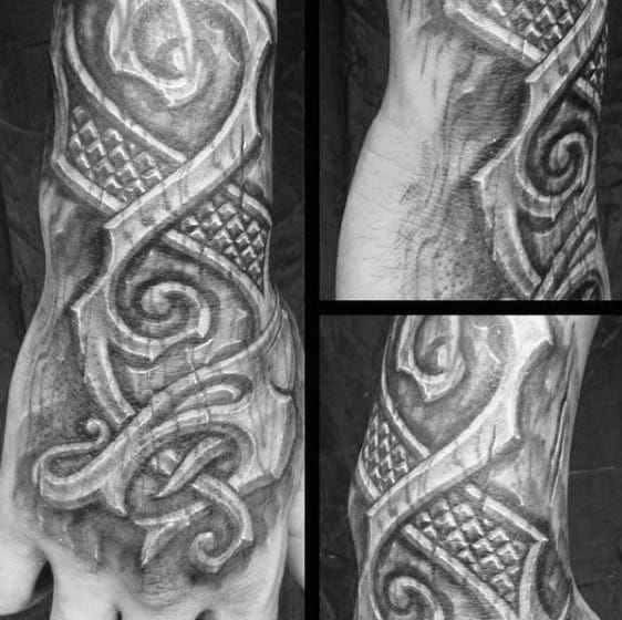 Guys Hand And Forearm Wood Carving Tattoos