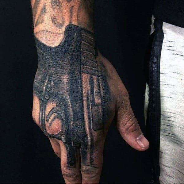 Guys Hand Grey Black Pistol Tattoo