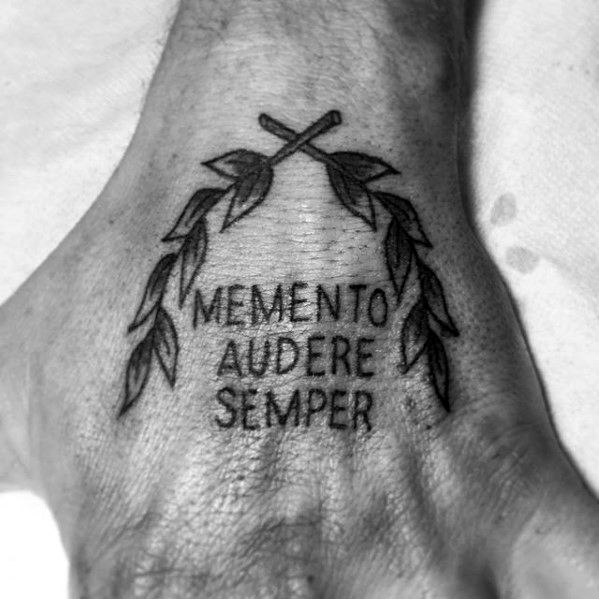 Guys Hand Quote Laurel Wreath Tattoos