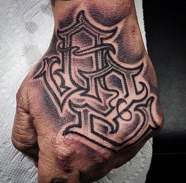 Guys Hand Traditional Lettering Tattoo
