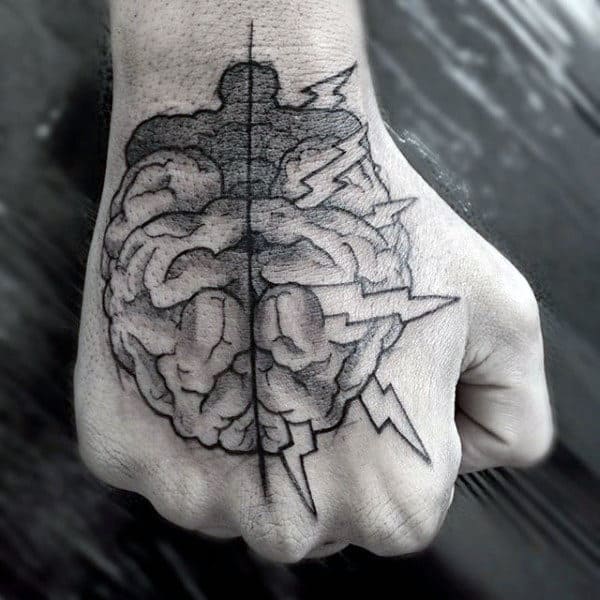 Guys Hands Lightening Brain Tattoo