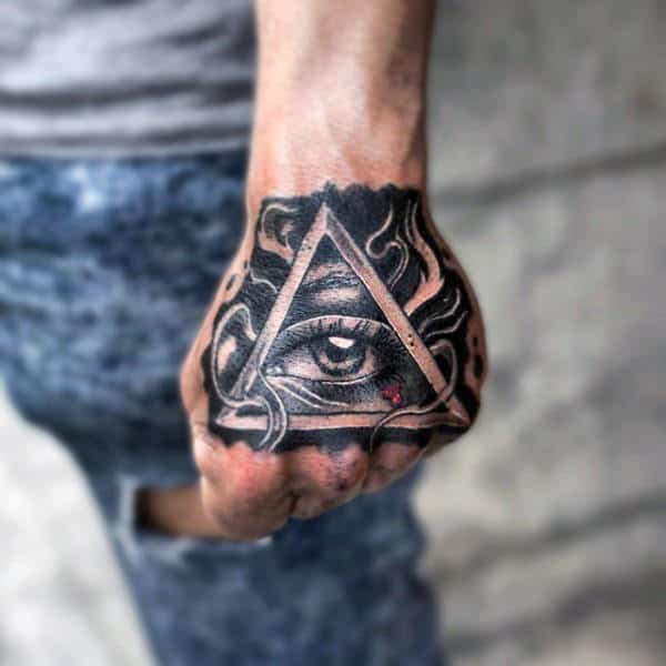 Guys Hands Shiny Black Illuminati Tattoo