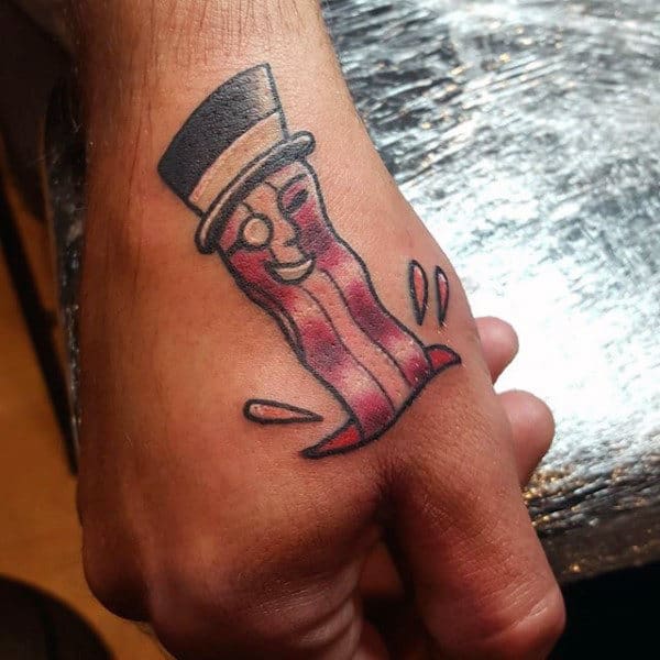 Guys Hands Tiny Bacon With Hat Tattoo