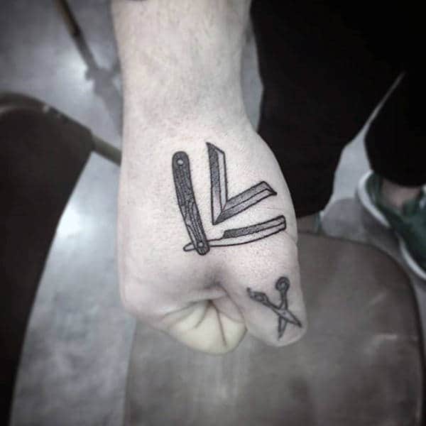 Guys Hands Tiny Grey Straight Razor Tattoo