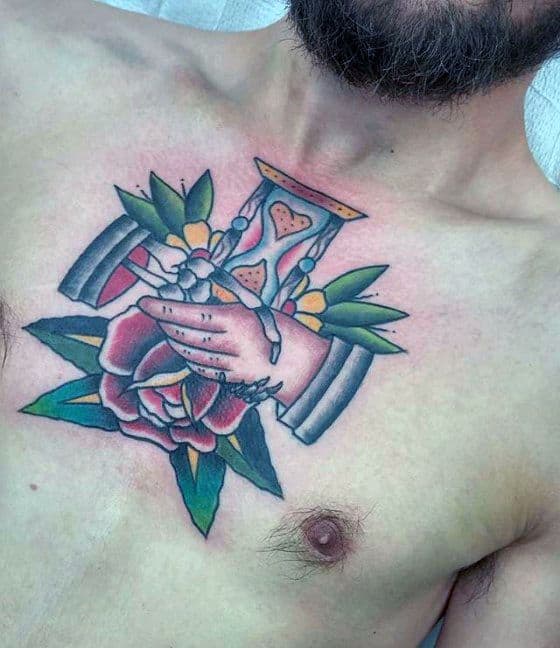 Guys Handshake Hurglass And Rose Flower Traditional Upper Chest Tattoo Deisgns