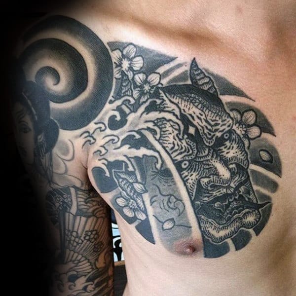 Guys Hannya Mask Dotwork Upper Chest Japanese Tattoo