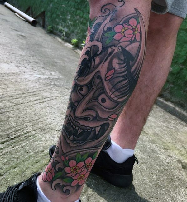 Guys Hannya Mask Leg Sleeve Tattoo