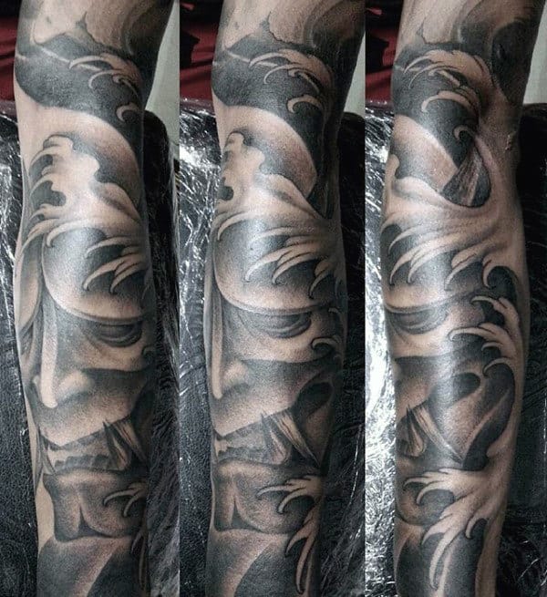 Guys Hannya Mask Shaded Sleeve Tattoo