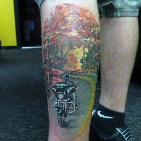 Guys Harley Davidson Memorial Tattoos Realistic Design Leg Sleeve