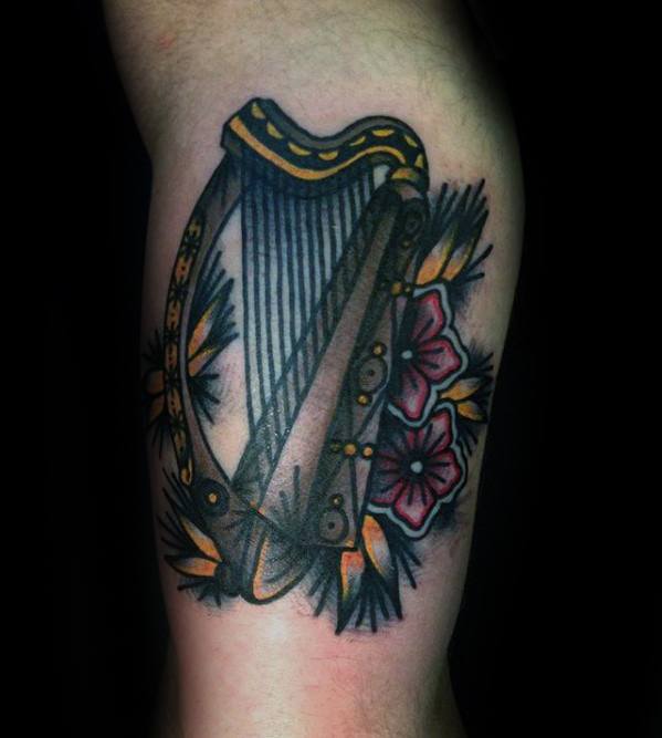 Guys Harp Tattoo Deisgns Old School Traditional Leg