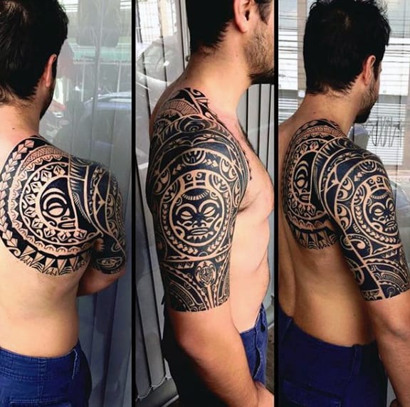 Guys Hawaiian Half Tribal Sleeve Tattoos