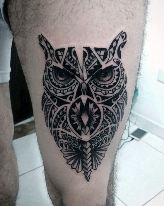 Guys Hawaiian Tribal Owl Thigh Tattoos