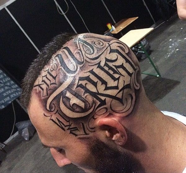 Guys Head Celtic Lettering Tattoo