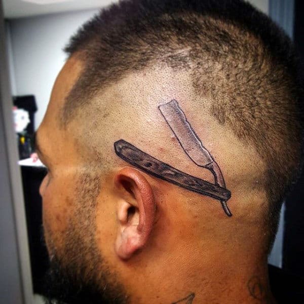 Guys Head Metallic Straight Razor Tattoo