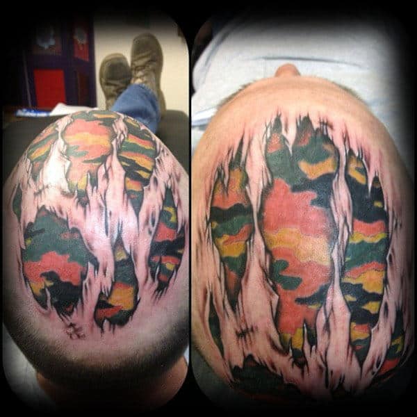 Guys Head Tattoo With Military Camouflage Design