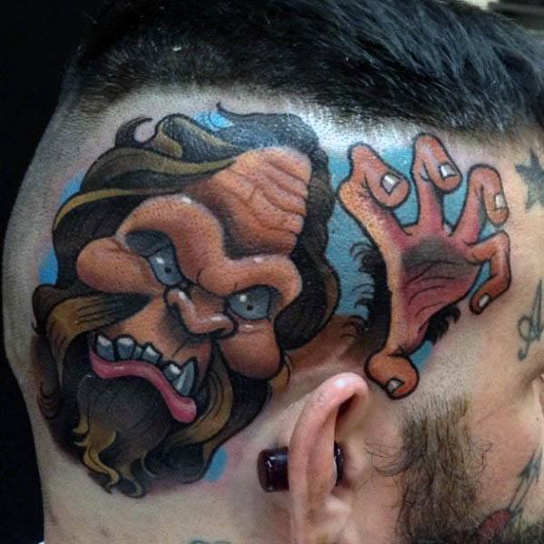 Guys Head Tattoos With New School Bigfoot Design