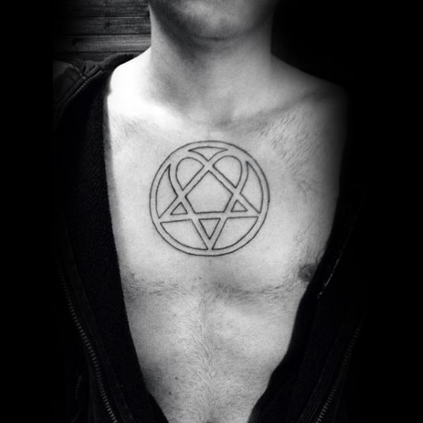 Guys Heartagram Black Ink Outline Upper Chest Tattoo