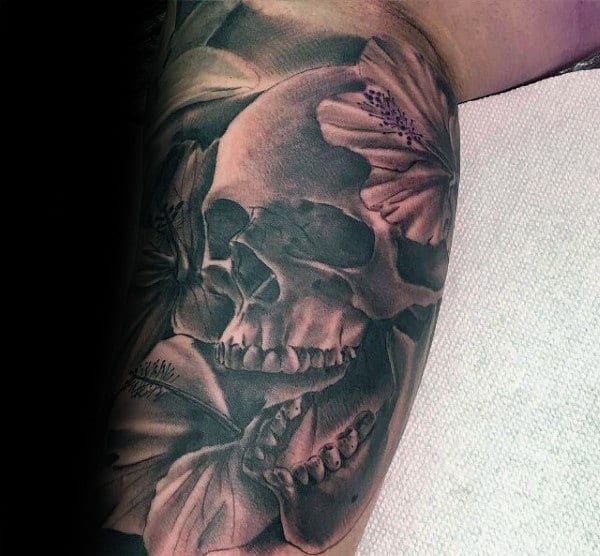Guys Hibiscus Flower With Skull Black And Grey Tattoo