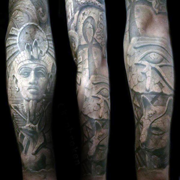 Guys Hieroglyphics Tattoos Full Arm Sleeve With 3d Stone Design